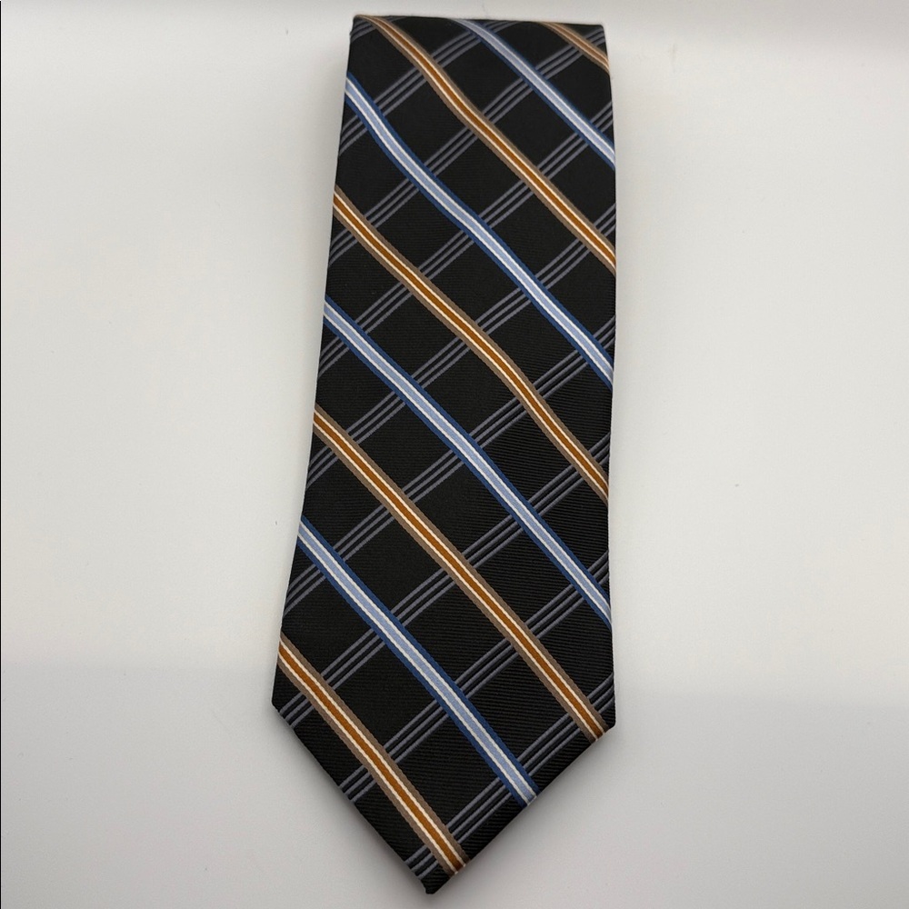 W.H. Belk Black w/ Gold & Blue Stripe Tie, 100% Silk